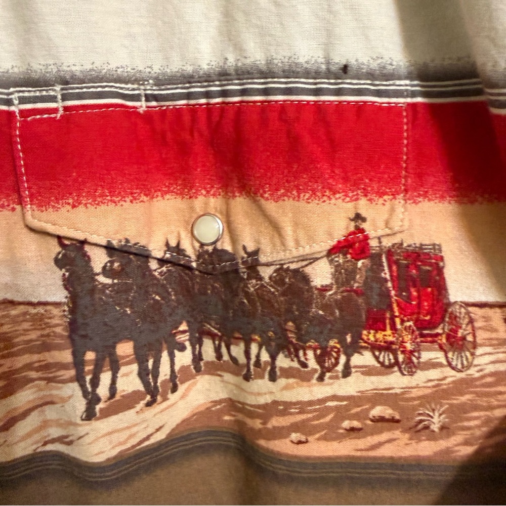 Vintage 90s Wrangler Western Pearl Snap Horse Wagon Print Shirt XL Cowboy Ranch - Picture 10 of 11